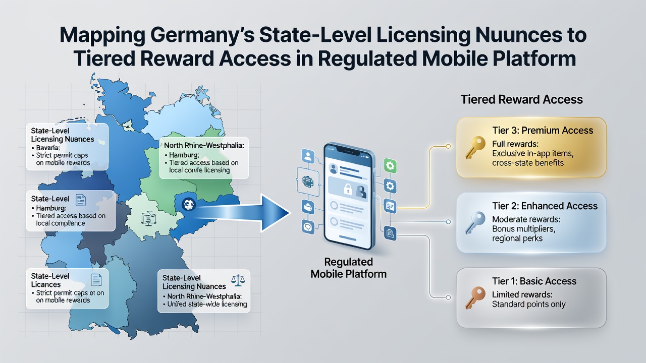 Mobile App-Oberfläche mit gestuften Belohnungssystemen und regionalen Lizenzindikatoren