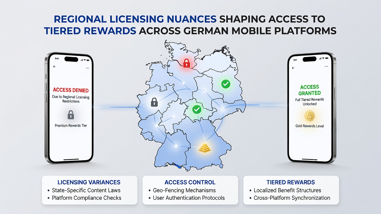 Smartphone-Display mit gestuften Belohnungsstufen und regionalen Lizenzsymbolen