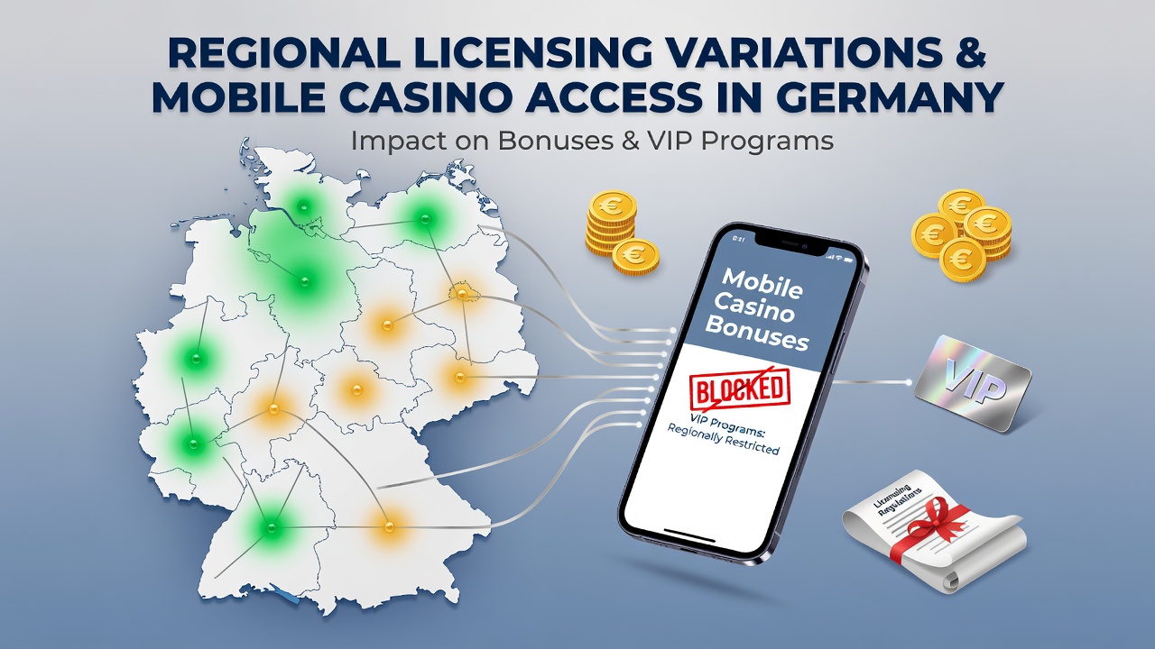 Karte der deutschen Bundesländer mit Markierungen zu unterschiedlichen Glücksspiellizenzen und mobilen Bonusregelungen
