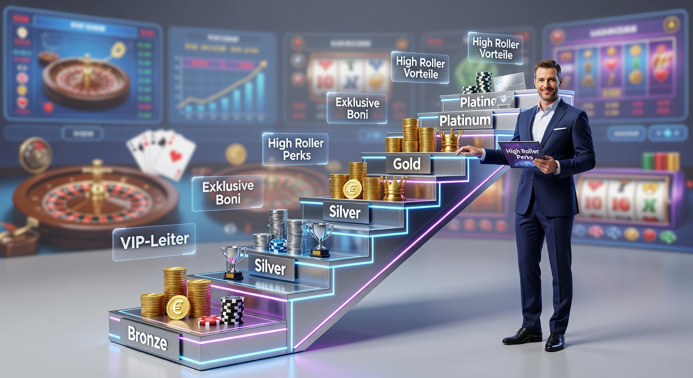 Grafik einer steigenden VIP-Leiter mit goldenen Schätzen und High-Roller-Symbolen in einem Casino-Ambiente